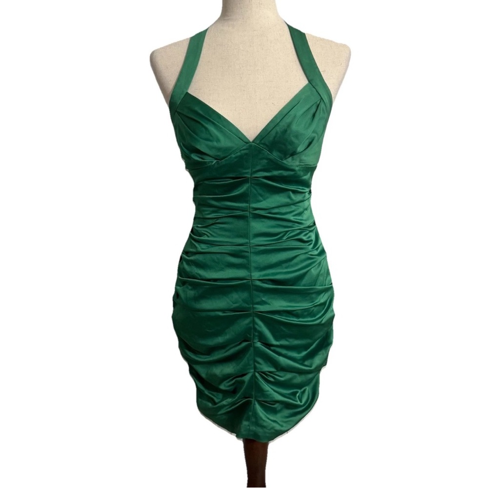 BCBG Max Azria Dress Women’s 2 Green Rouched Halter Neck Y2K Homecoming HOCO